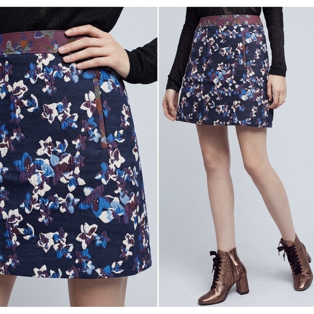 Maeve Anthropologie Blue Floral Brocade Jacquard Mini Skirt 4 Y2K Preppy Party